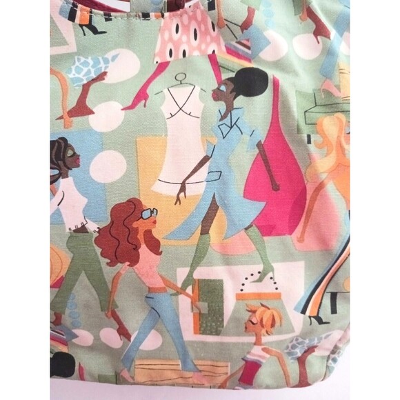 VTG Neiman Marcus Fashion Diva Green Cotton Print Tote Bamboo Ring Handle - Picture 9 of 11